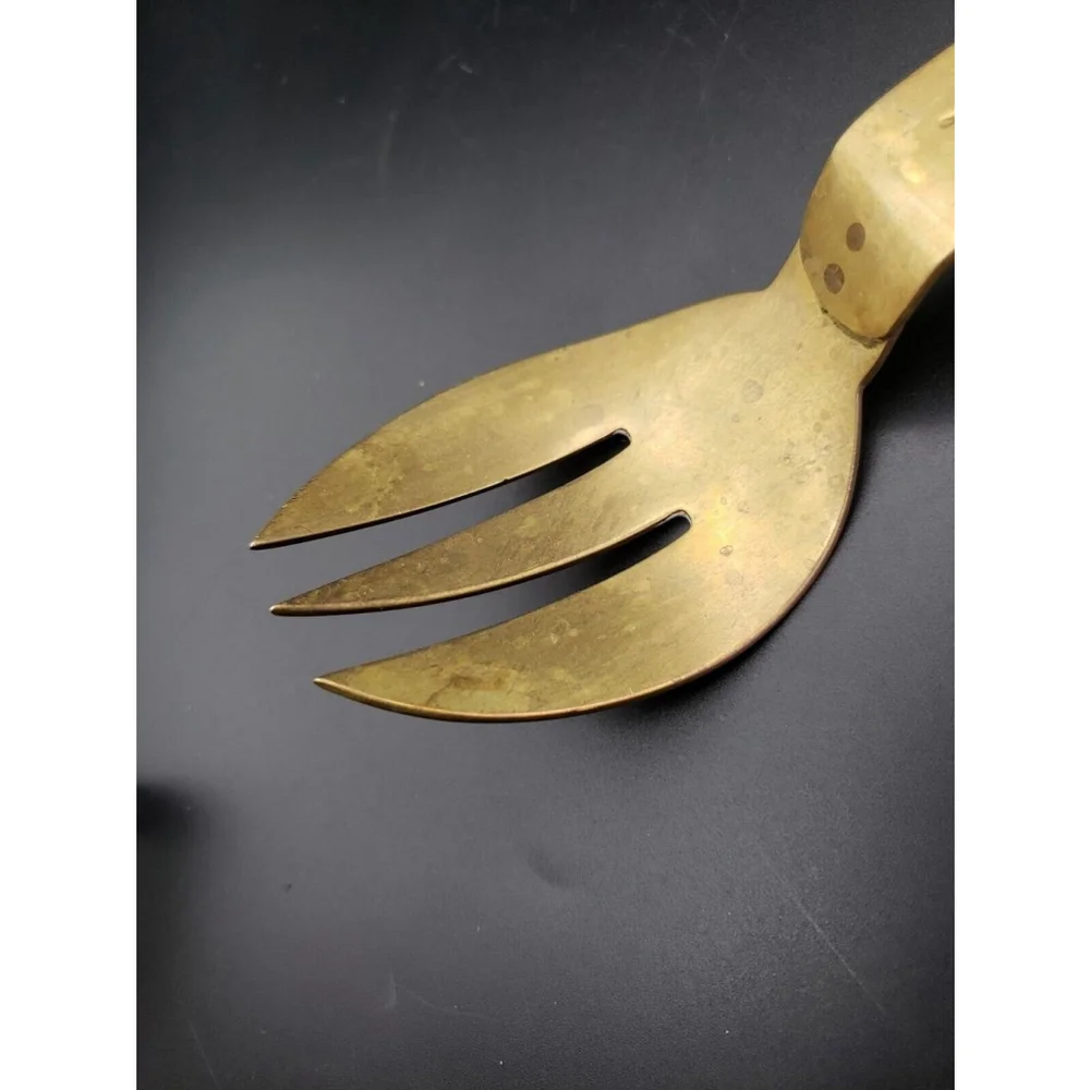 Vintage MCM Spoon & Fork Salad Servers Wood and Brass 11